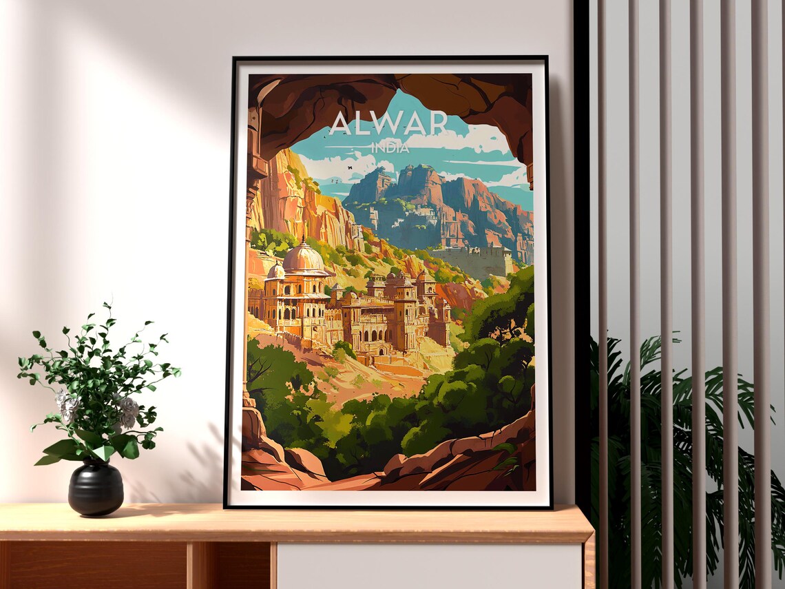 Alwar India Hilltop Palace Fort Rocky Archway View Travel Poster