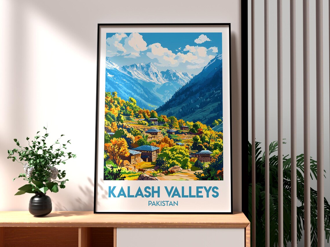Kalash Valleys Pakistan Autumn Village Wooden Houses Travel Poster