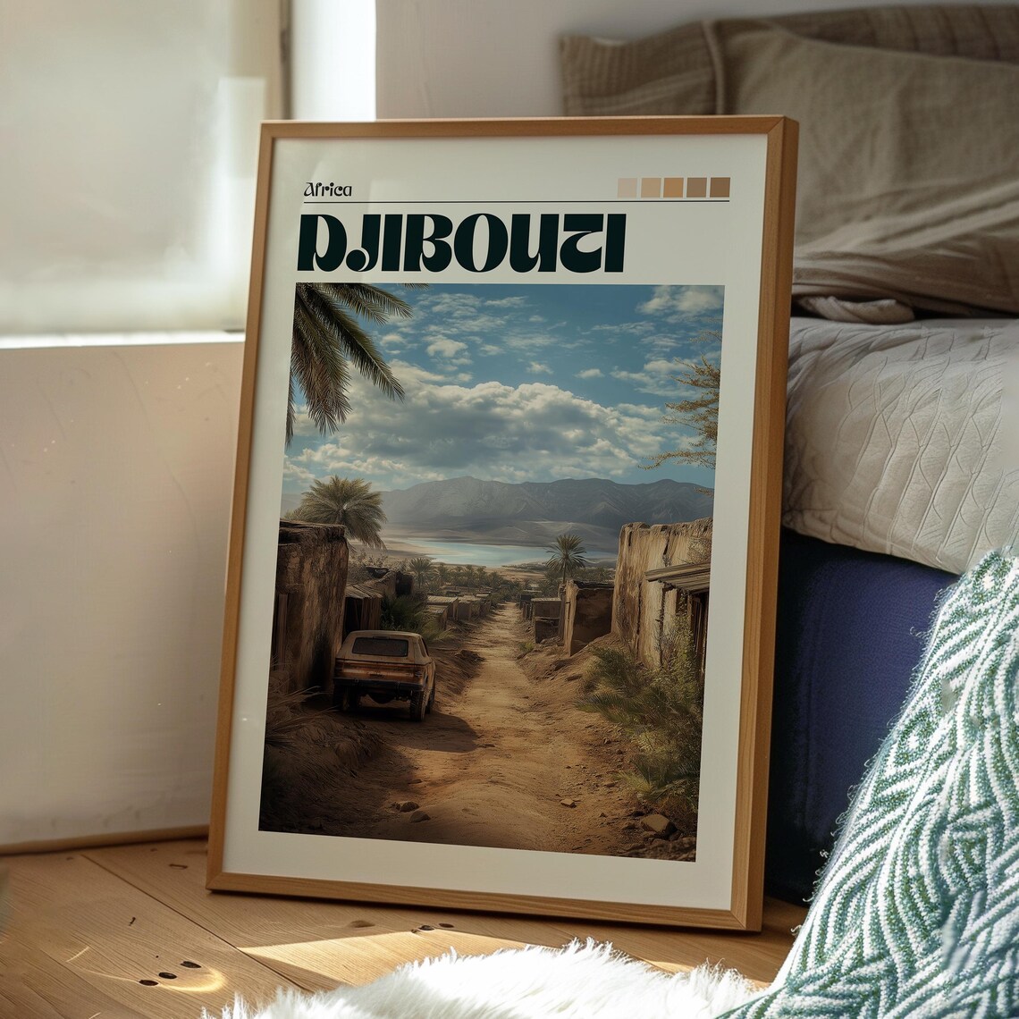 Djibouti Africa Desert Road Village Palms Mountain Travel Poster - Image 3