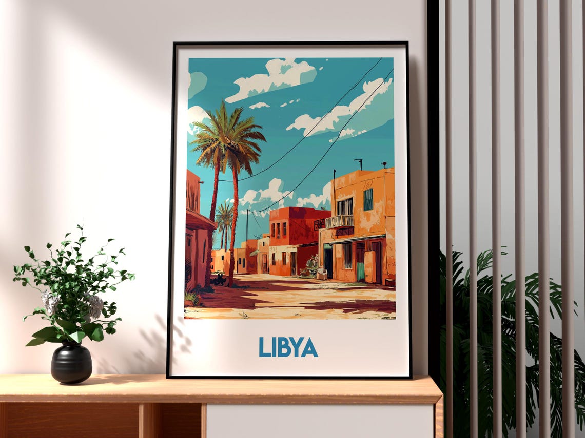 Libya Desert Town Palm Trees Sunlit Street Scene Travel Poster