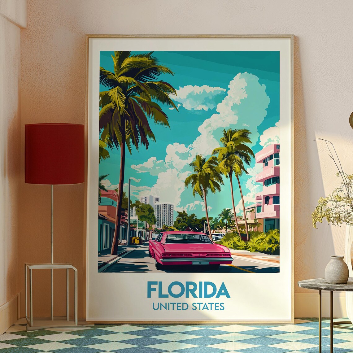 Florida United States Art Deco Palms Pink Vintage Car Poster - Image 2