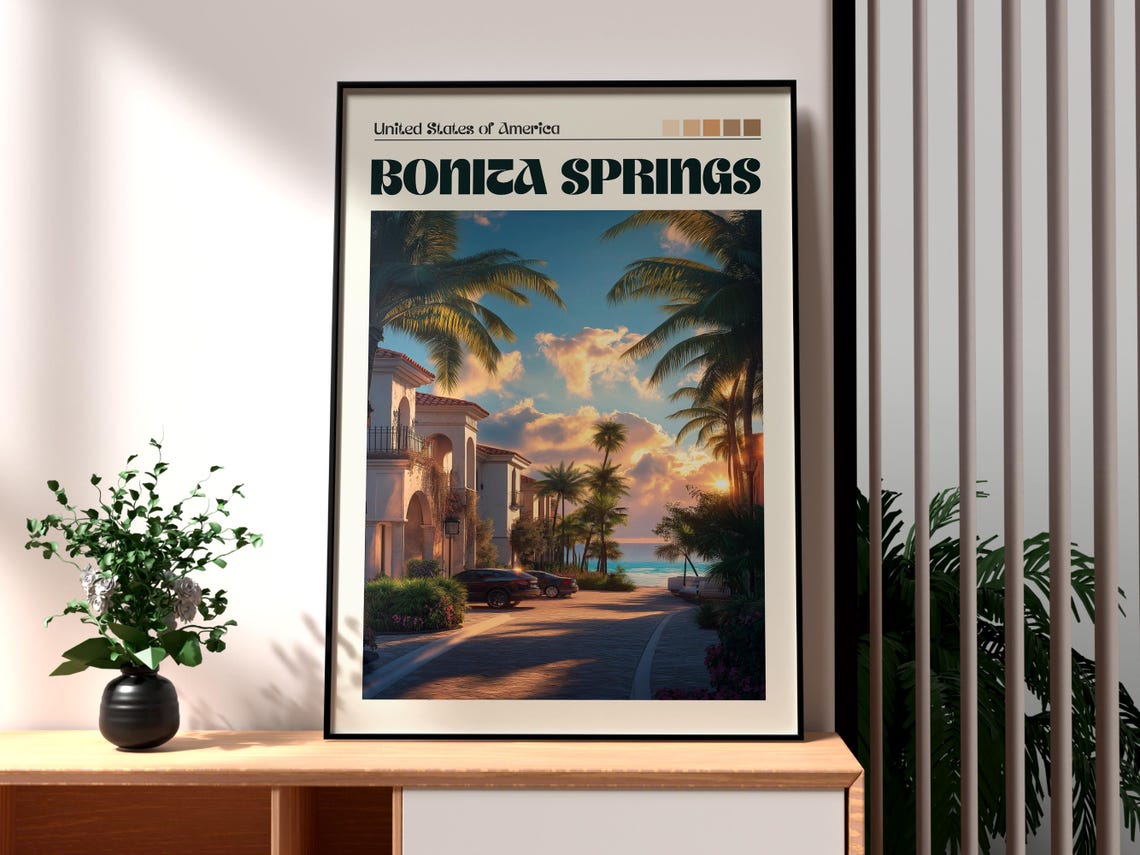 Bonita Springs USA Palm Beach Sunset Vintage Travel Poster Art