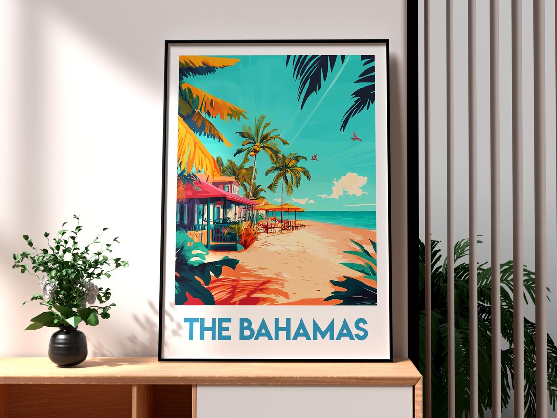 Bahamas Caribbean Beach Palms Beach Hut Tropical Travel Poster