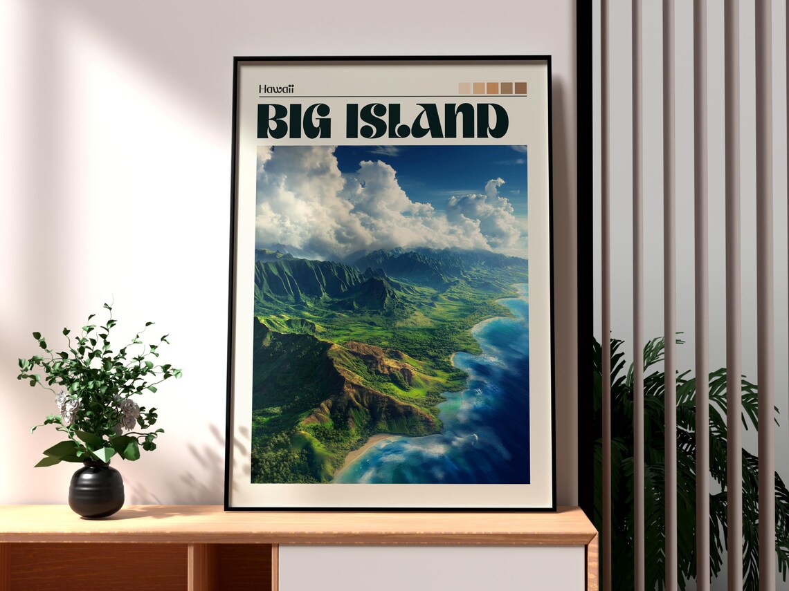 Big Island Hawaii Aerial Green Mountains Ocean Coast Travel Poster