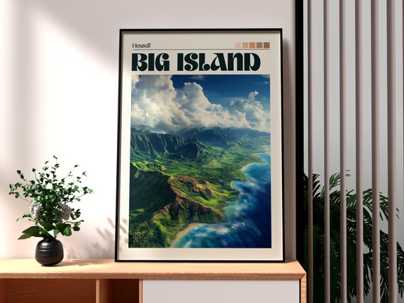 Big Island Hawaii Aerial Green Mountains Ocean Coast Travel Poster