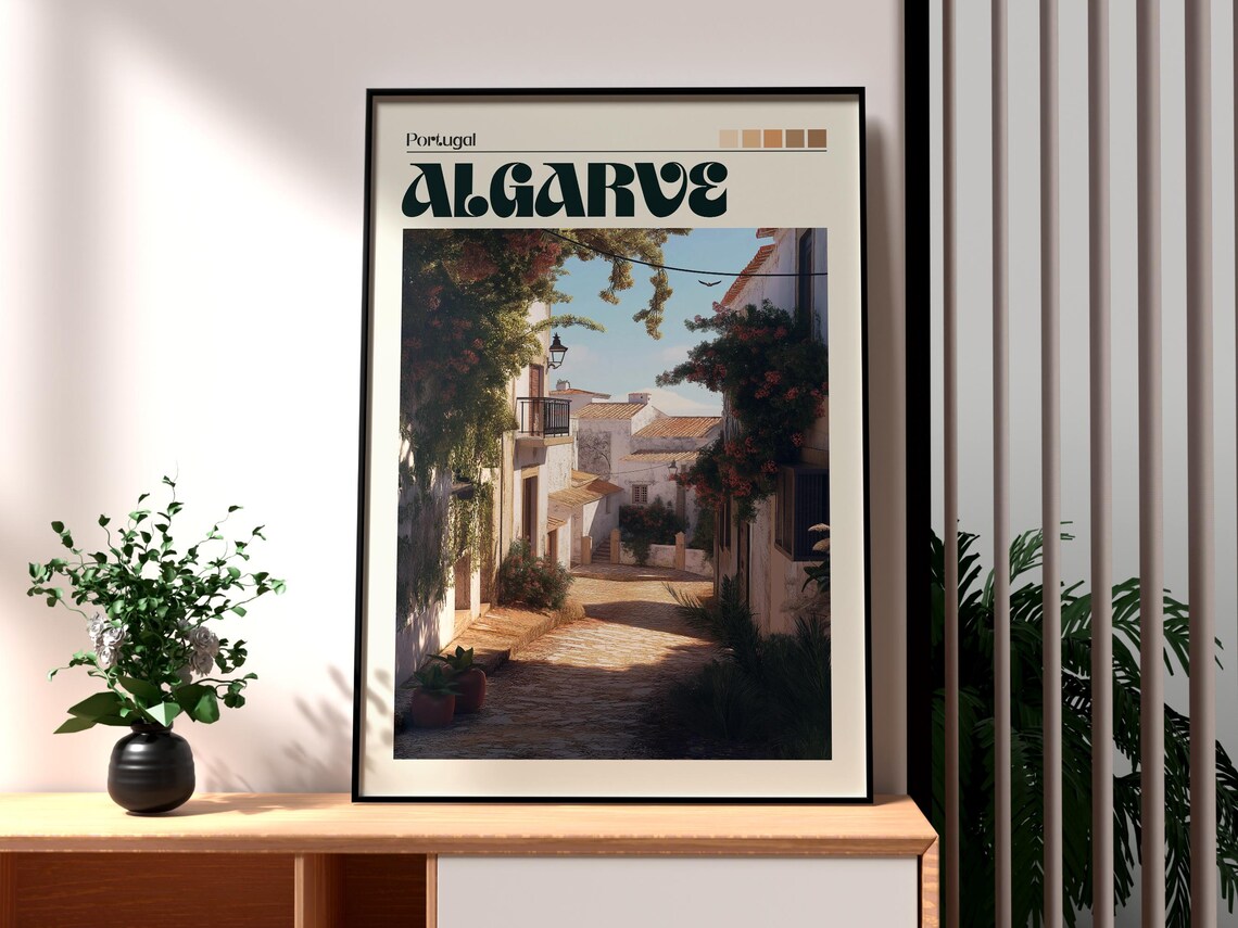 Algarve Portugal Cobblestone Village Street Sunlit Travel Art Poster
