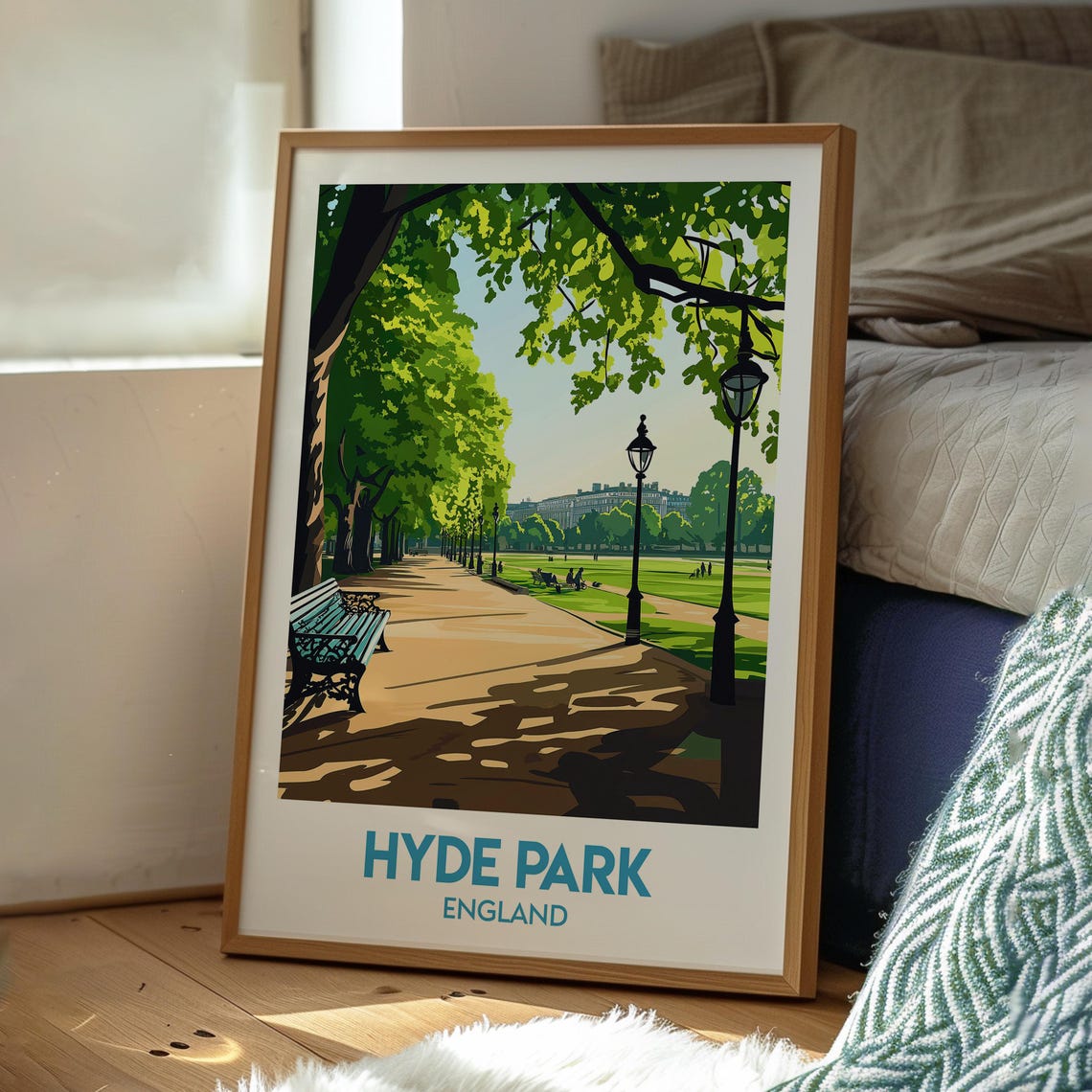 Hyde Park England Sunlit Tree Lined Park Bench Travel Poster - Image 3