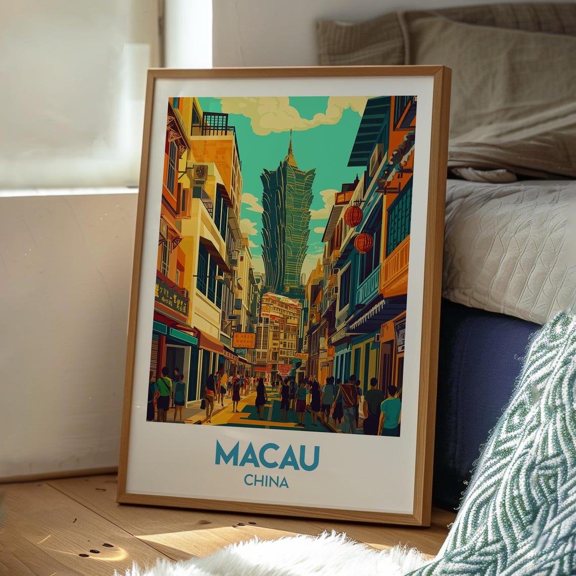 Macau China Colorful City Street Iconic Lotus Tower Scene Poster - Image 3