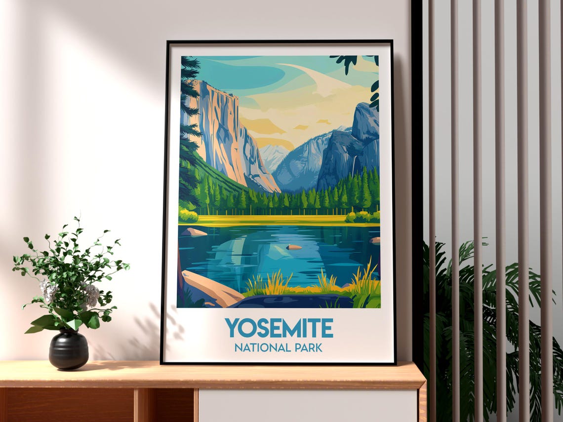 Yosemite National Park Valley Cliffs Lake Vintage Travel Poster