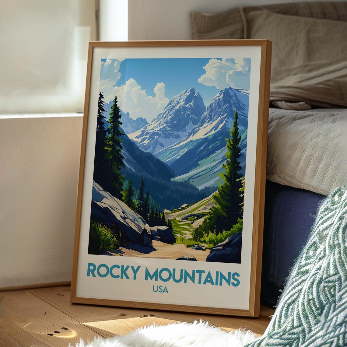 Rocky Mountains USA Snowy Peaks Pine Forest Trail Travel Poster - Image 3