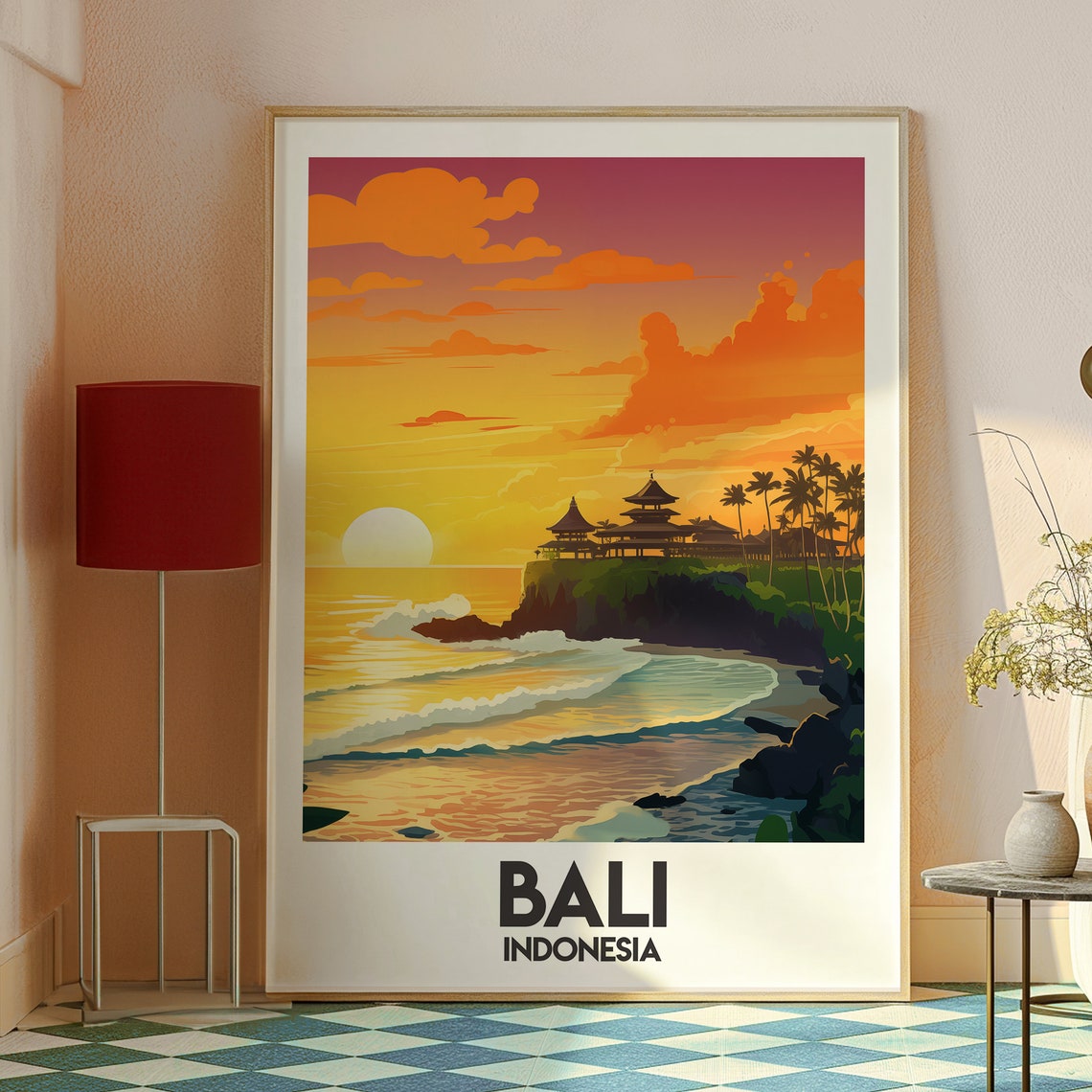 Bali Indonesia Sea Temple Golden Sunset Cliffs Coast Travel Poster - Image 2