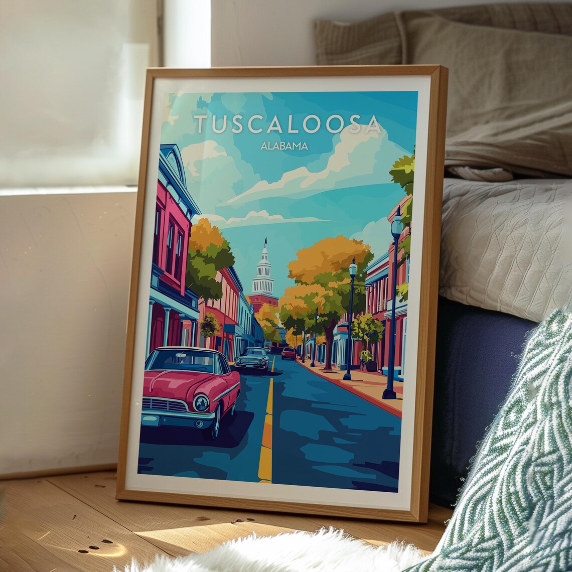 Tuscaloosa Alabama Retro Travel Poster Downtown Street Classic Car - Image 2
