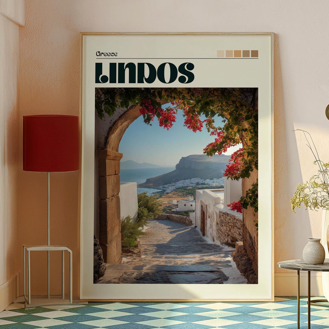 Lindos Greece Rhodes Island Bougainvillea Arch Sea View Travel Poster - Image 2