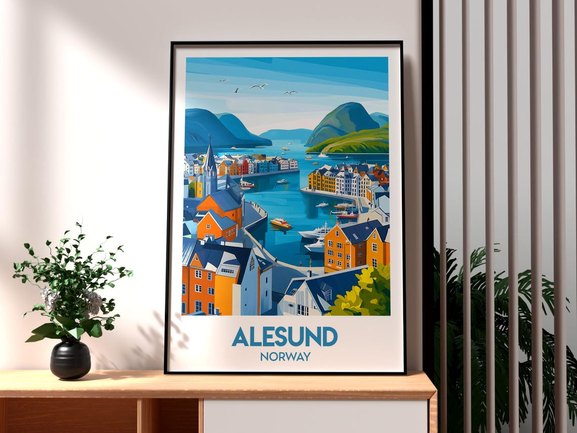 Alesund Norway Colorful Harbor Town Boats Fjord Travel Poster