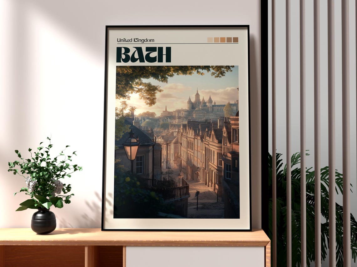 Bath England Historic Cobblestone Street View Scene Travel Poster