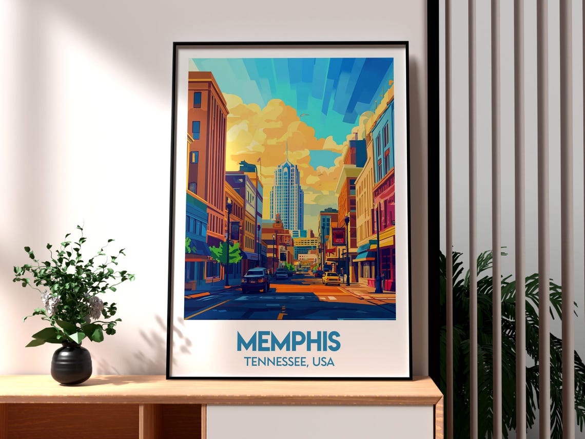 Memphis Tennessee Downtown Skyline Street Sunset Travel Poster