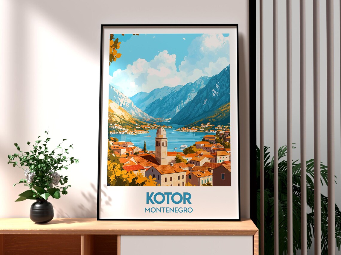 Kotor Montenegro Bay Old Town Mountains Coastal Travel Poster