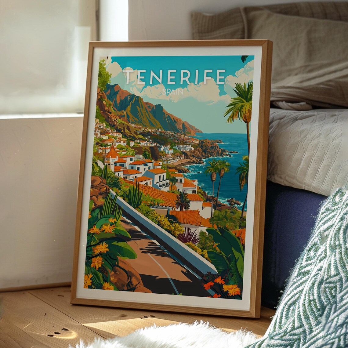Tenerife Spain Coastal Town Cliffs Blue Sea Vintage Travel Poster - Image 3