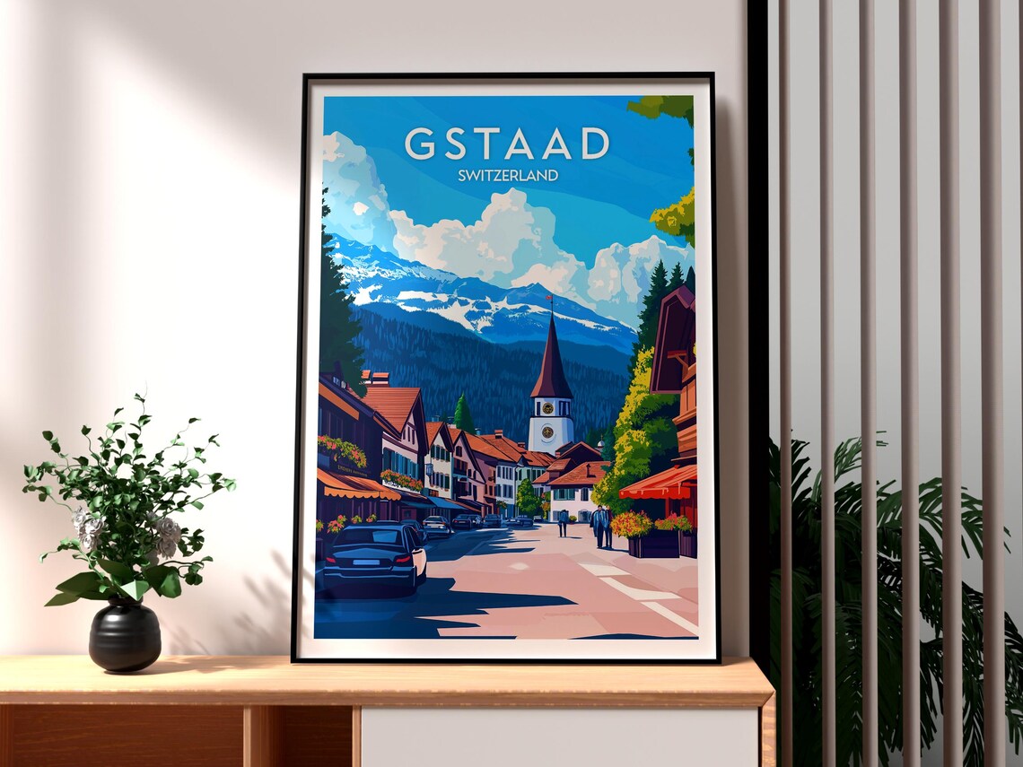 Gstaad Switzerland Alpine Main Street Church Peak Vintage Art Poster