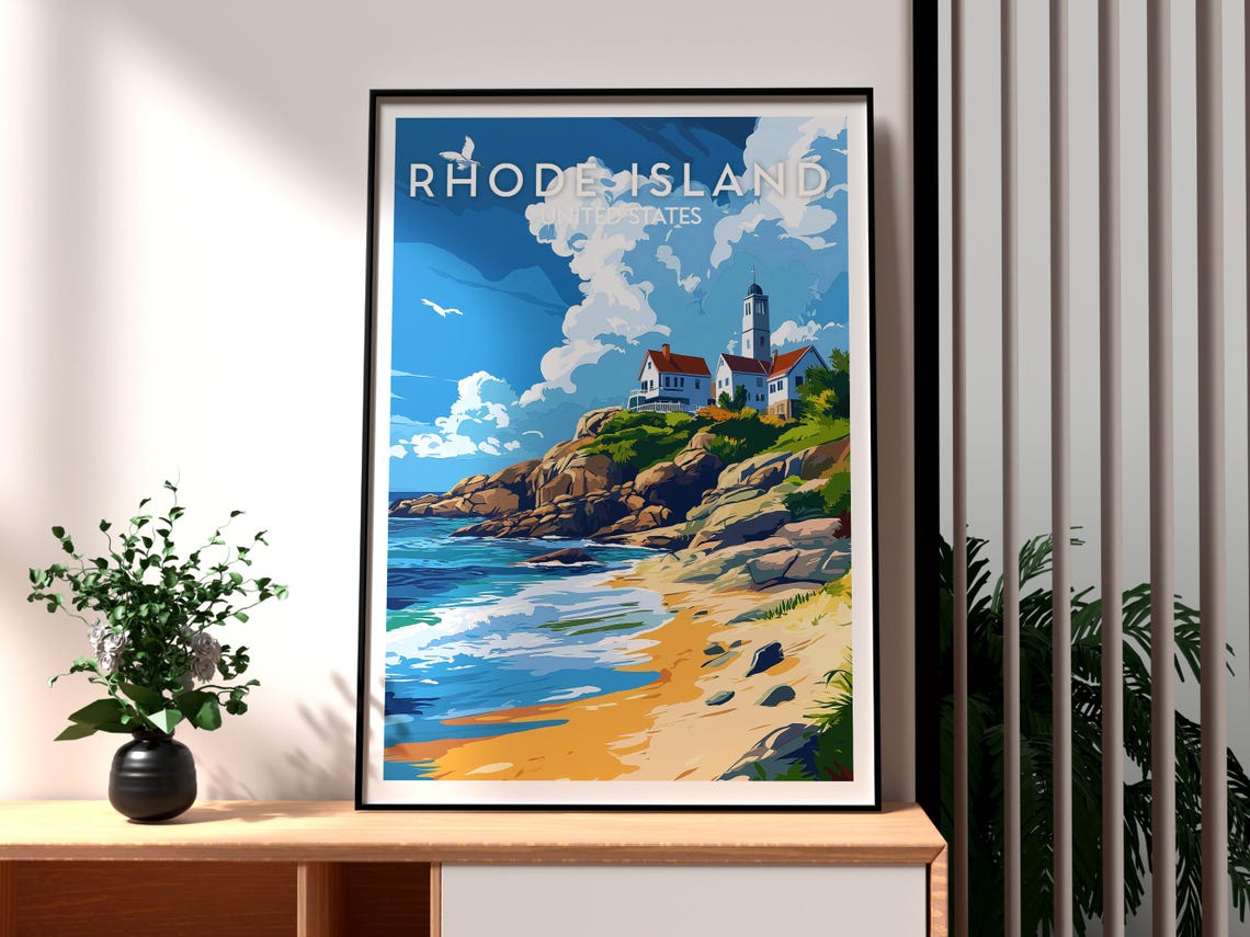 Rhode Island Lighthouse Rocky Cliffs Golden Beach Waves Poster