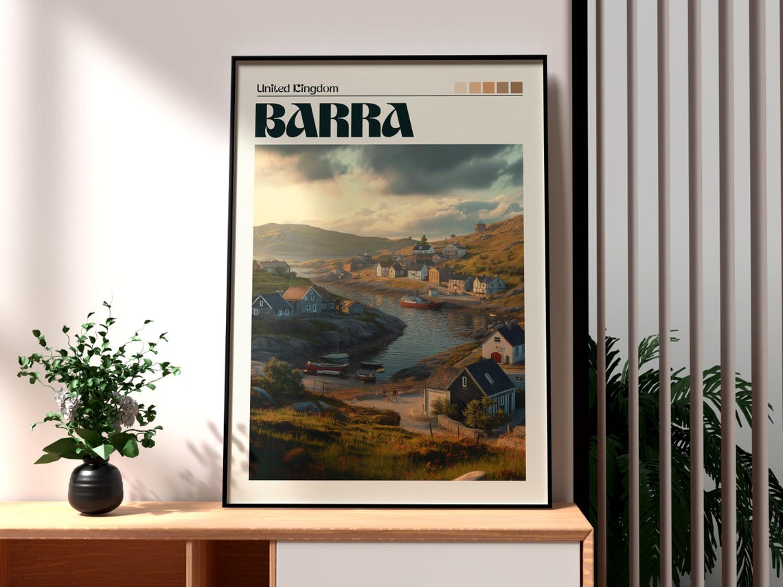 Barra Scotland Hebrides Harbor Village Sunset Scene Travel Poster