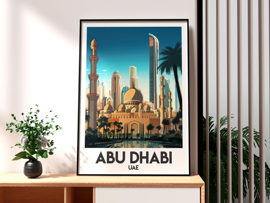 Abu Dhabi UAE Grand Mosque Domes Minarets Skyline Travel Poster