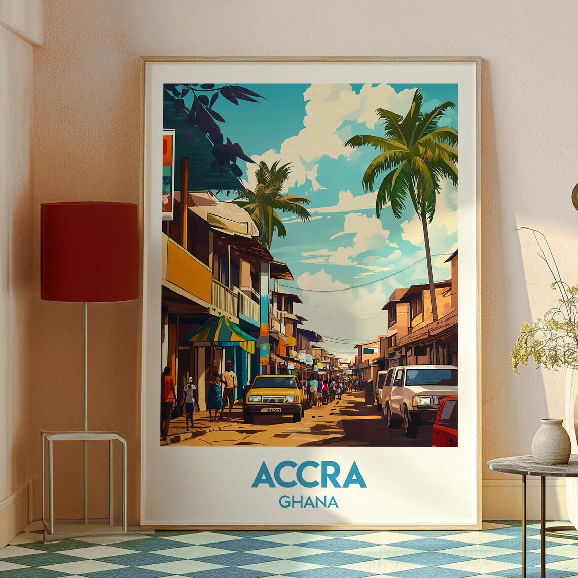 Accra Ghana Bustling Market Street Palm Trees Vintage Travel Poster - Image 2
