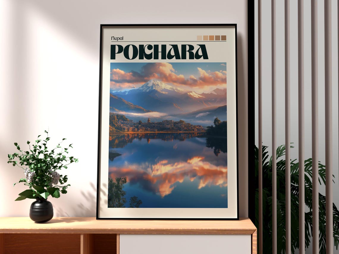 Pokhara Nepal Snowy Himalayan Peak Lake Reflection Travel Poster