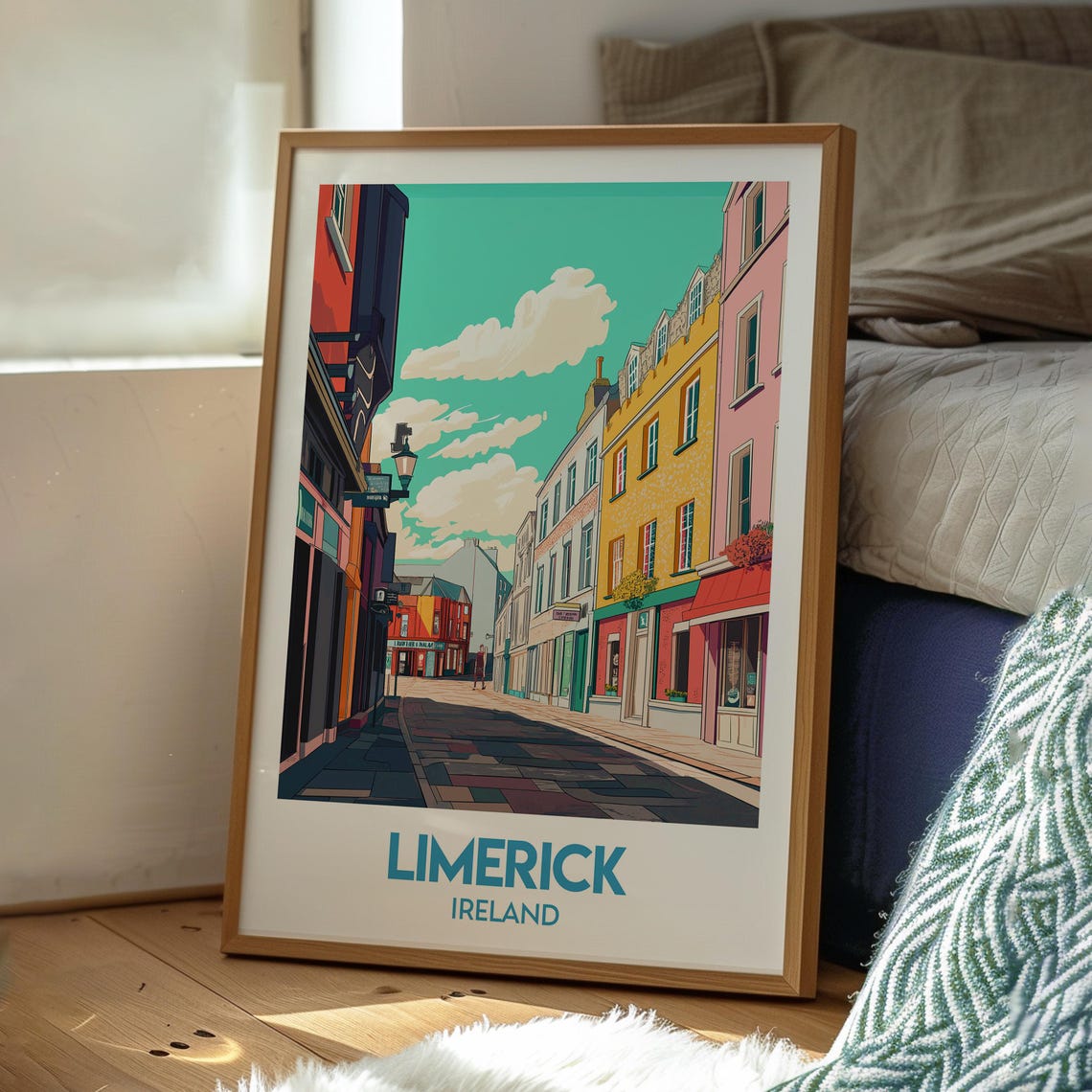 Limerick Ireland Colorful Storefronts Cobblestone Street Travel Poster - Image 3