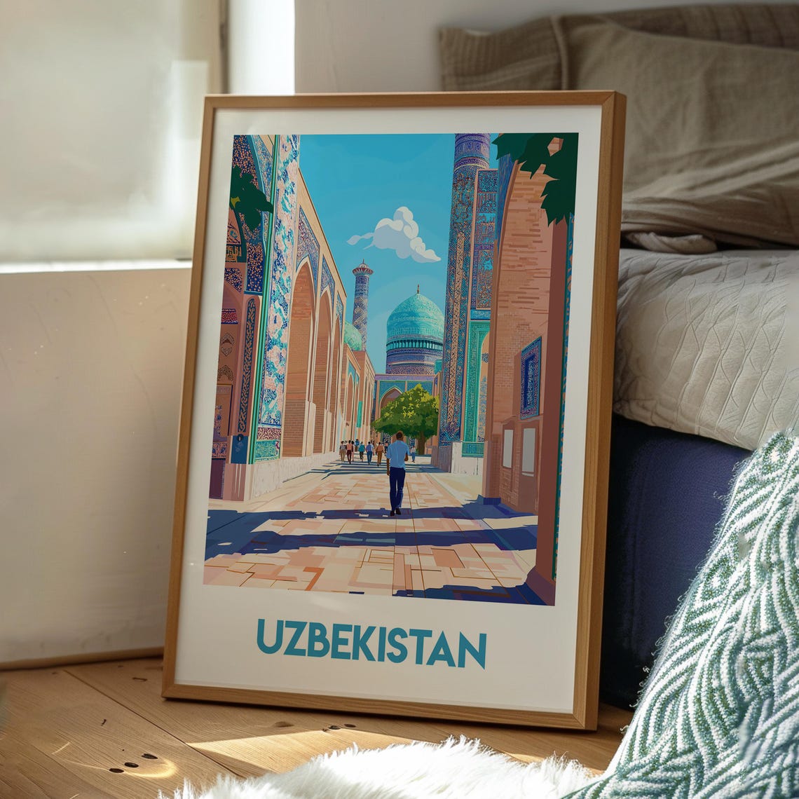 Uzbekistan Silk Road Blue Tiled Madrasas Courtyard Travel Poster - Image 3