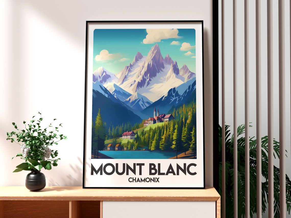 Mount Blanc Chamonix Alpine Peaks Chalet Village Lake View Art Poster