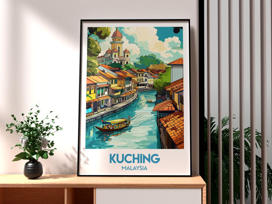 Kuching Malaysia Riverboat Waterfront Shophouses Vintage Travel Poster