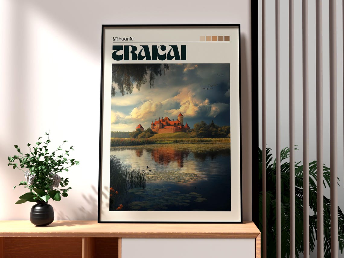 Trakai Lithuania Island Castle Lake Reflection Retro Travel Poster