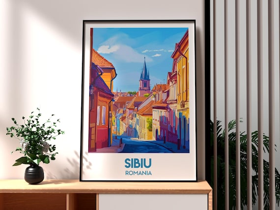 Sibiu Romania Transylvanian Old Town Church Tower Travel Poster