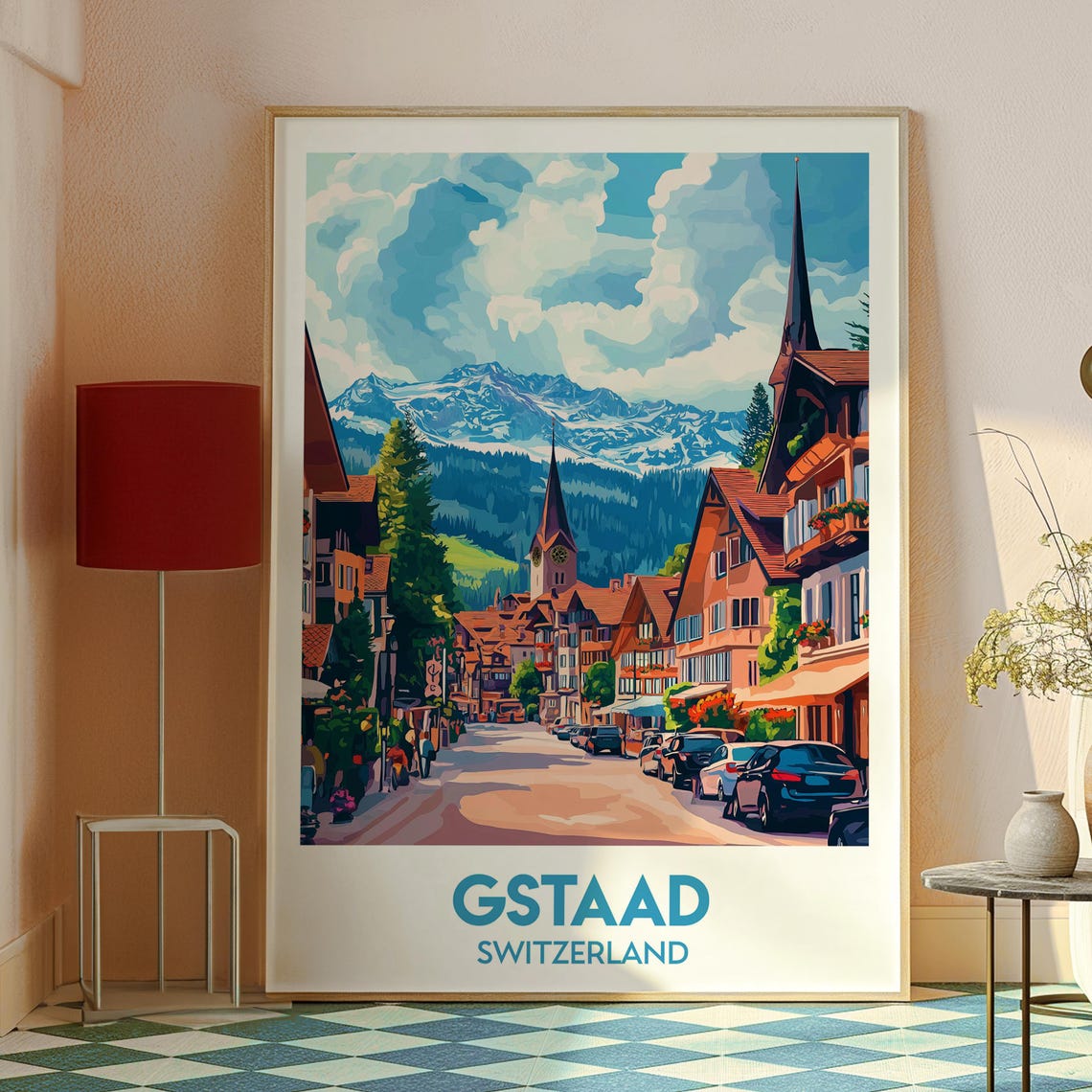 Gstaad Switzerland Chalet Street Twin Church Spires Mountain Poster - Image 2