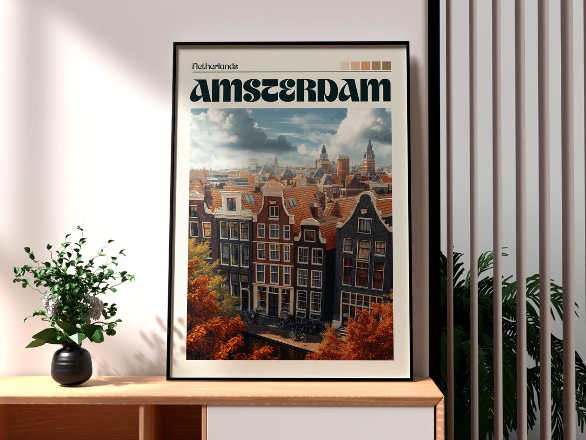 Amsterdam Netherlands Canal Houses Autumn Vintage Travel Poster