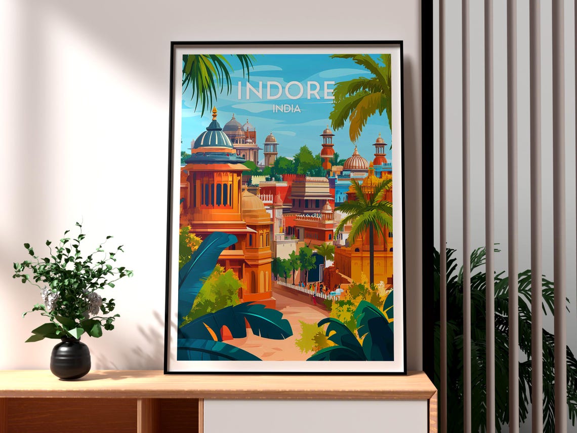 Indore India Palace Domes and Palm Trees Skyline Travel Poster