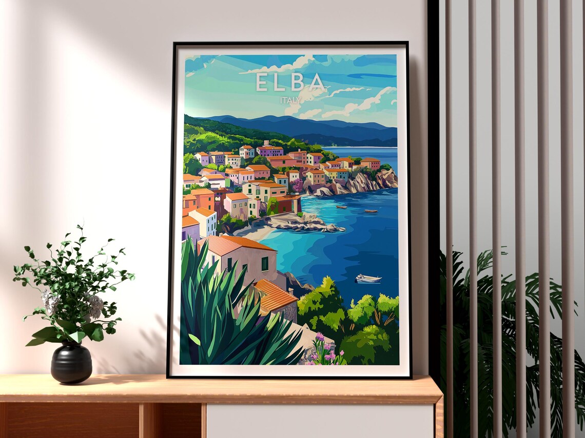 Elba Italy Retro Travel Poster Tuscan Island Coastal Village Art