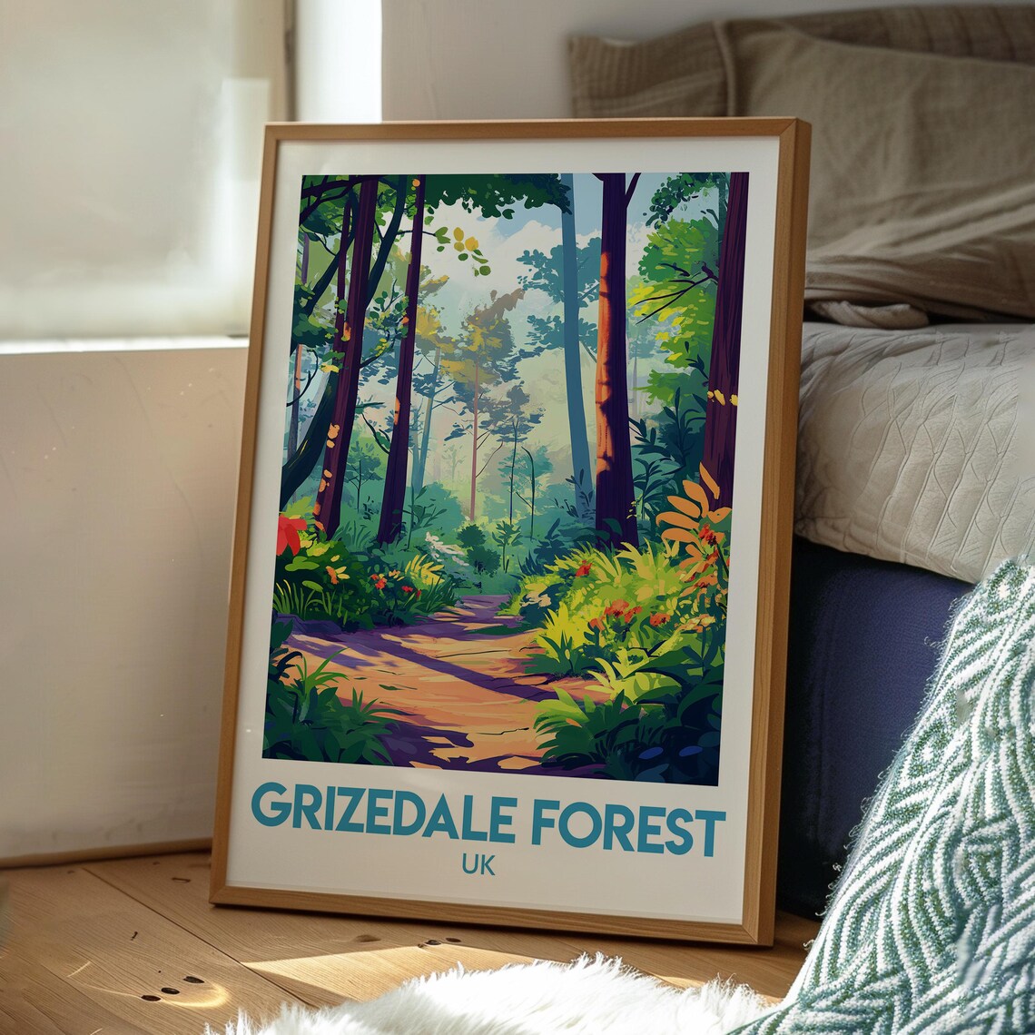 Grizedale Forest UK Lush Vibrant Woodland Path Illustration Poster - Image 3