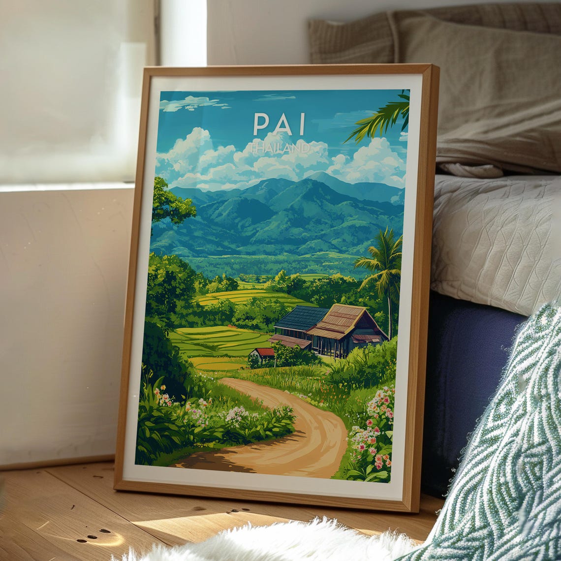 Pai Thailand Lush Rice Paddy Mountain Valley Landscape Travel Poster - Image 3
