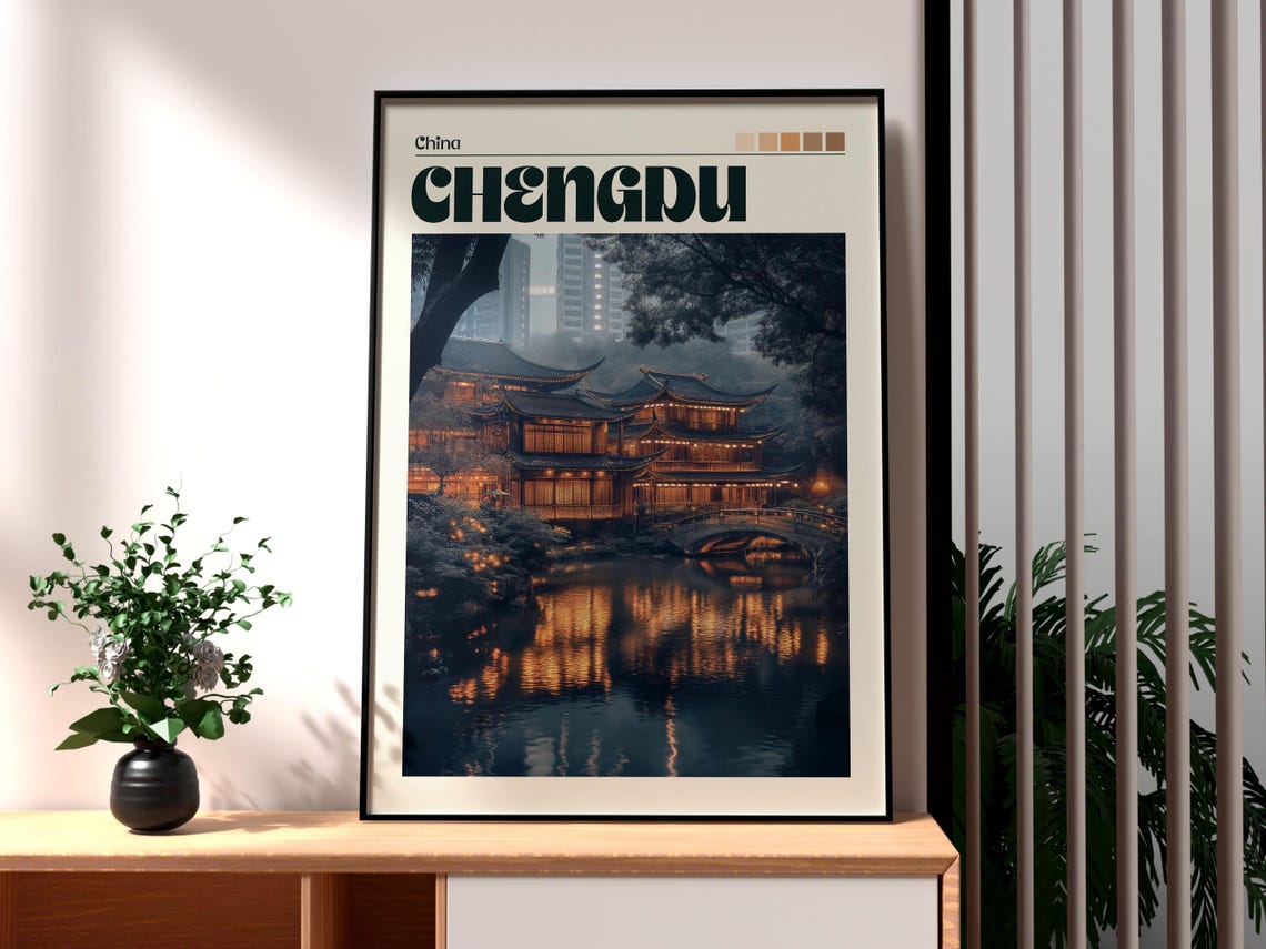Chengdu China Lantern Lit Teahouse Lakeside Dusk Travel Poster