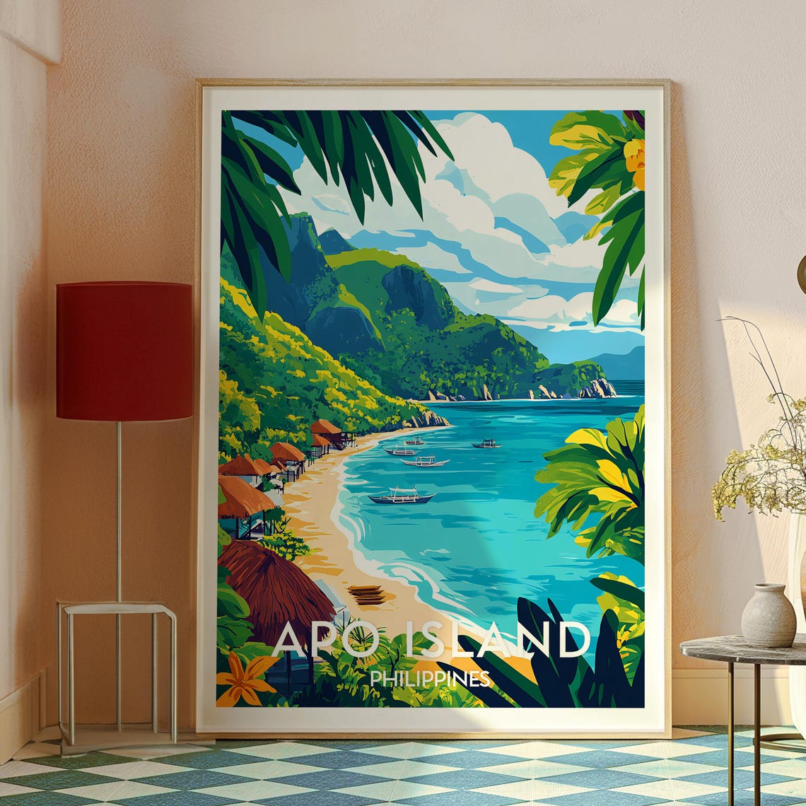 Apo Island Philippines Tropical Beach Boats Cliff Bay Travel Poster - Image 2