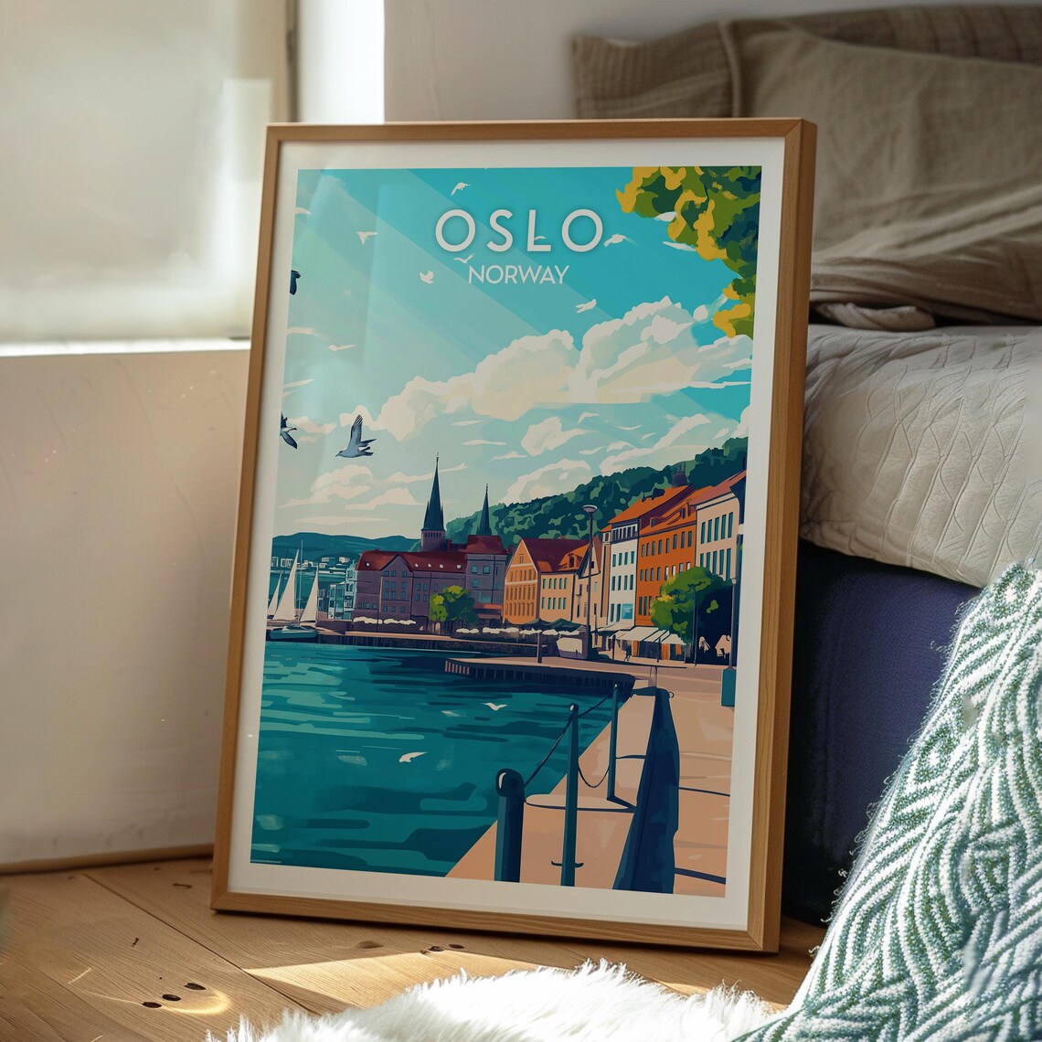 Oslo Norway Waterfront Sailboats Seagulls Vintage Travel Poster - Image 3