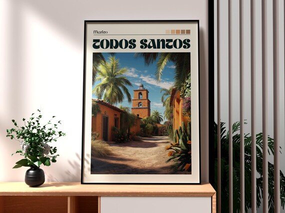 Todos Santos Mexico Colonial Street Bell Tower Palms Travel Poster