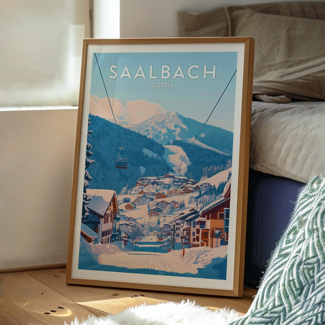 Saalbach Austria Ski Village Gondola Snowy Mountains Art Poster - Image 3