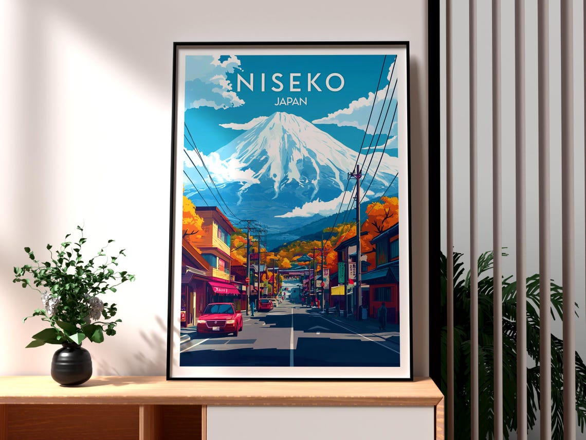 Niseko Japan Snow Capped Mountain Town Street Retro Travel Poster