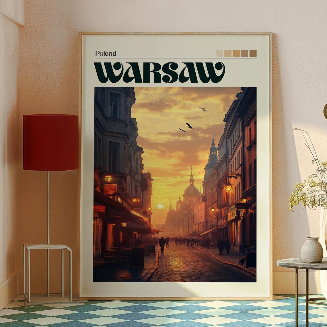 Warsaw Poland Old Town Street Sunset Domes Historic View Art Poster - Image 2