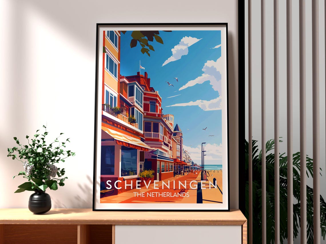 Scheveningen The Netherlands Beach Boulevard Retro Travel Poster