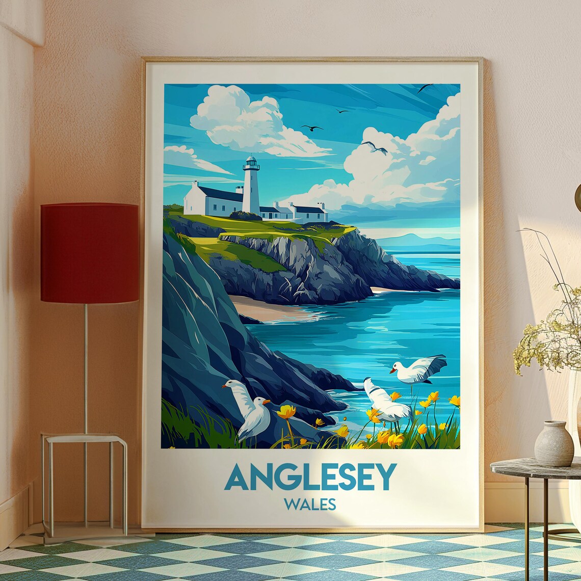 Anglesey Wales Lighthouse Cliff Coast Seabirds Vintage Travel Poster - Image 2