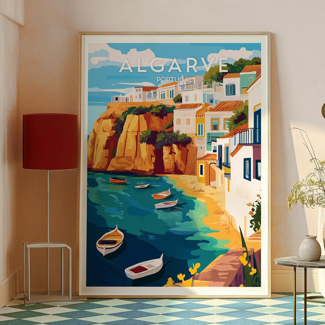 Algarve Portugal Cliff Village Boats Beach Cove Travel Poster - Image 3